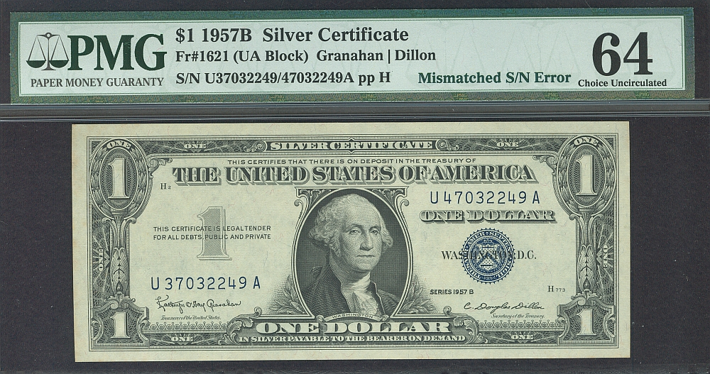 Mismatched Serial Number, 1957B $1 Silver Certificate, Fr.1621, vChCU, PMG-64